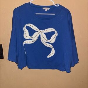 Blue Women's Cropped Top with White Bow Accent